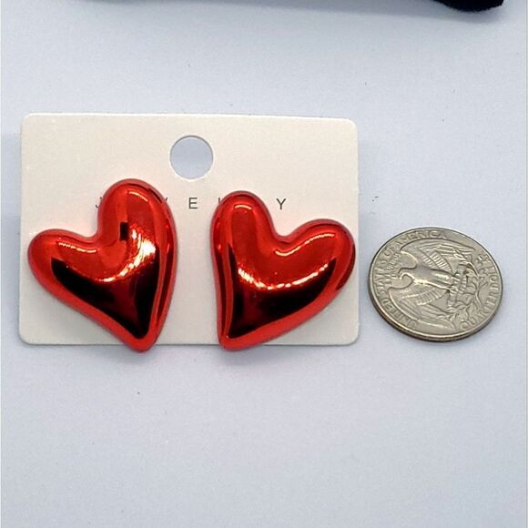 Cute Puffy Red Metallic Heart Shaped Stud Earrings Valentine's Day Jewelry New - Picture 5 of 7